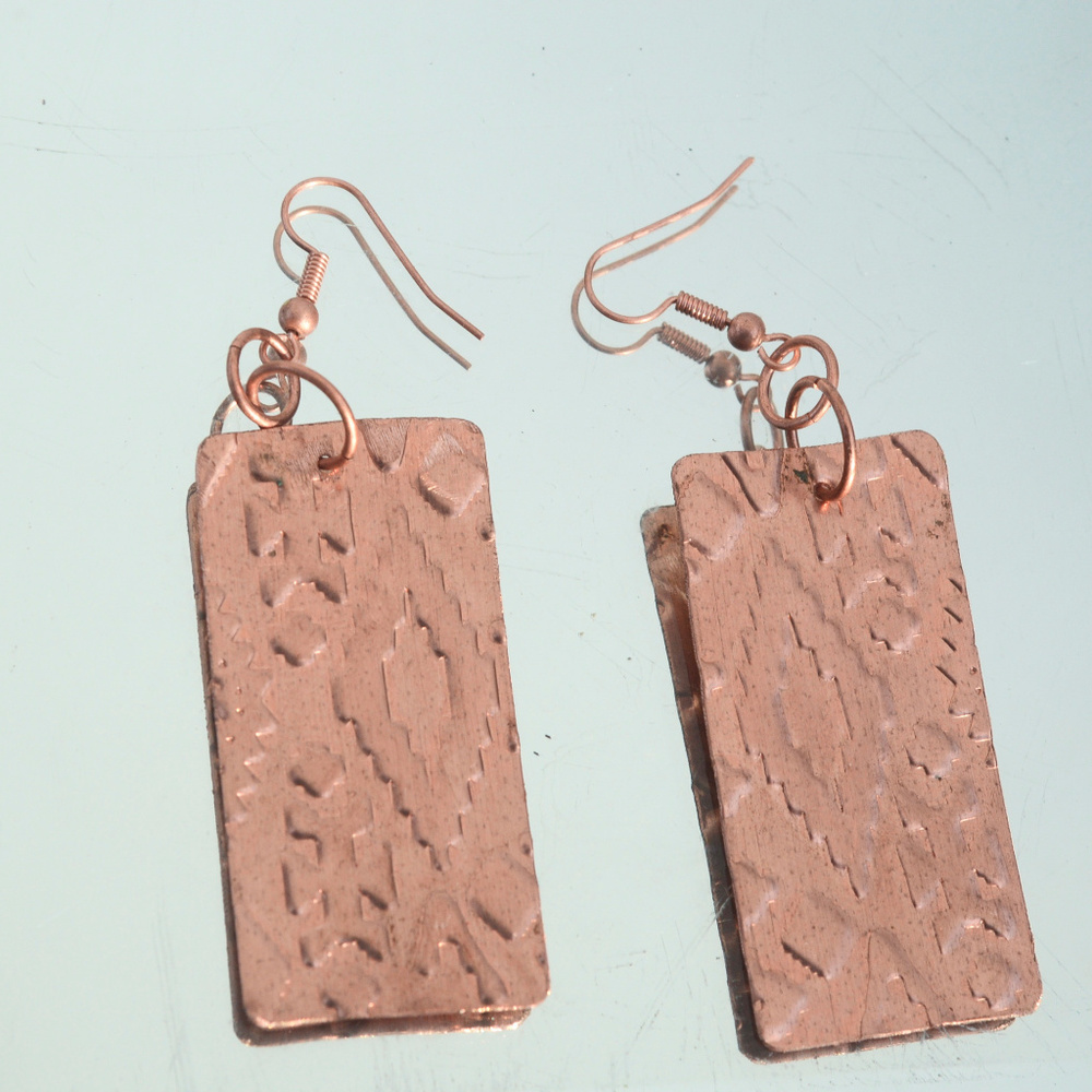 Solid Copper Earrings Boho Tribal Handmade Embossed Southwestern Western Aztec - Picture 2 of 6